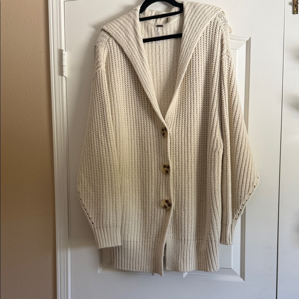 Free People Cream Hooded Button-Front Women's Sweater Cardigan with pockets